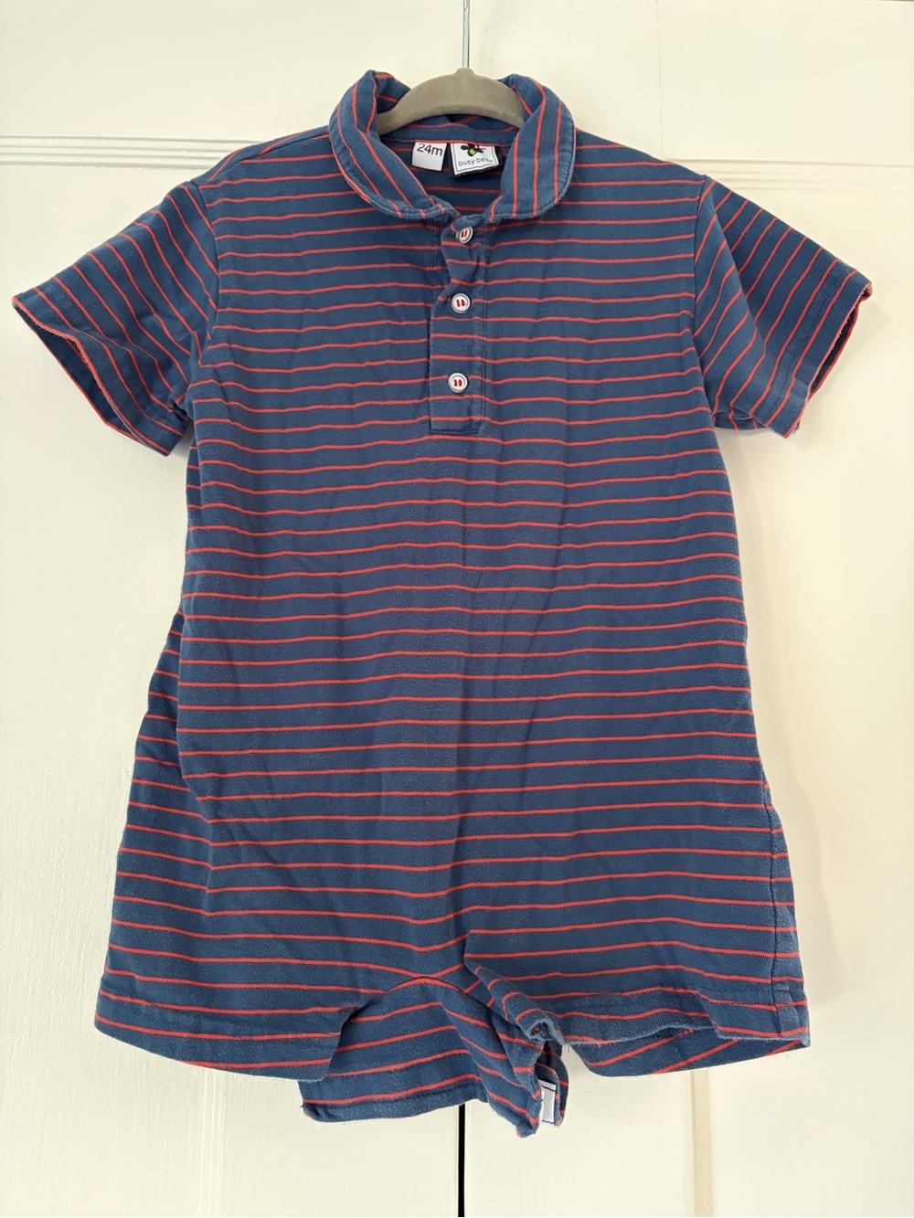 Busy Bees Blue & Red Striped Baby Toddle Romper Shortall One-Piece Size 24 Mo